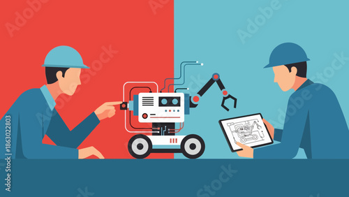 Two engineers collaborating on robotic technology project with tablet