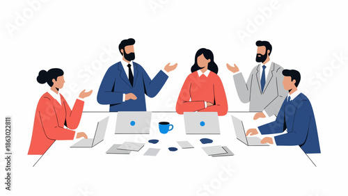 Business professionals engaged in a meeting with laptops