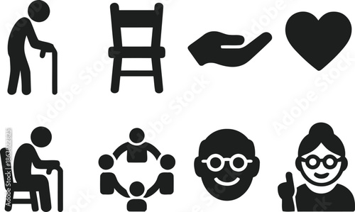 Elder care and retirement home support icons set