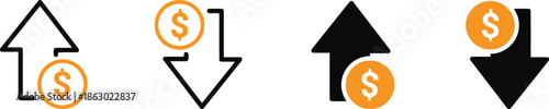 Financial trend icons showing money value fluctuation with upward and downward arrows