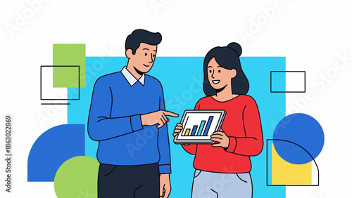 Business colleagues analyzing data on tablet in modern office setting