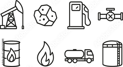 Fossil fuel industry and energy resources icons on transparent background