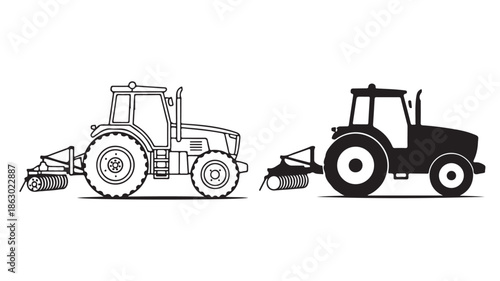 Tractor with lawn mower in outline and solid style in black and white for agricultural illustration