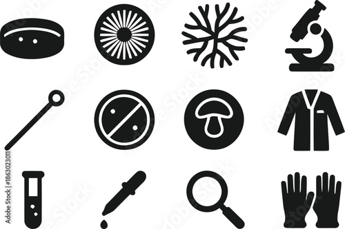 Microbiology laboratory equipment and science research icons
