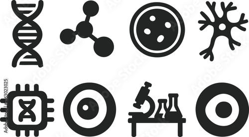 Molecular biology and science research icons on transparent background