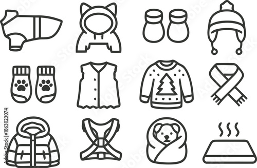 Pet winter clothing and accessories line icons