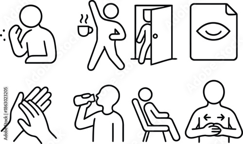 Set of diverse human activities and health conditions line icons