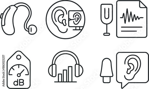 Set of hearing aid related line icons including ear monitoring headphones and sound level meter