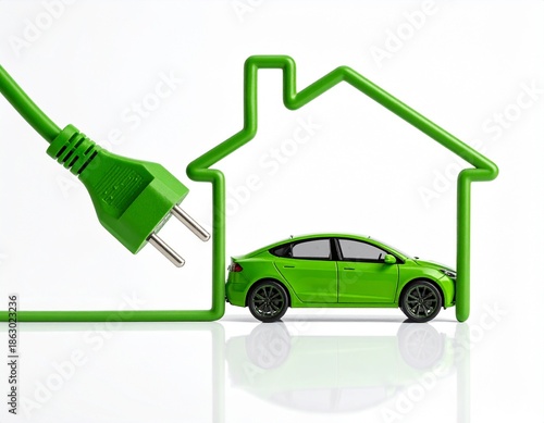 Elektroauto in Hauskontur aus Stromkabel als Symbol für nachhaltige Energieversorgung