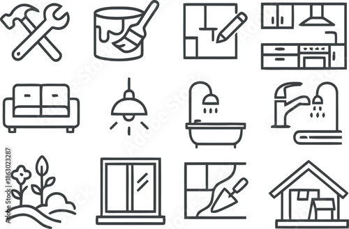 Set of renovation and construction outline icons, home improvement and repair thin line vector illustration