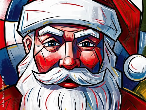 Vibrant stylized santa claus portrait in pop art style with bold colors and geometric shapes for holiday and christmas concepts with Stylized Portrait