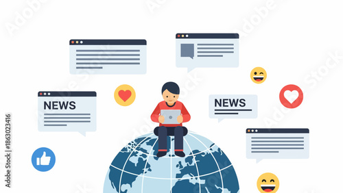 Man sitting on globe with laptop surrounded by social media icons and news