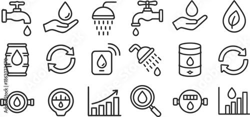 Water resource management and conservation outline icon collection