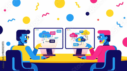 Two colleagues collaborating on cloud computing project at modern office desk