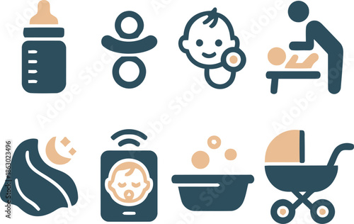 Baby care and nursery equipment flat icons set