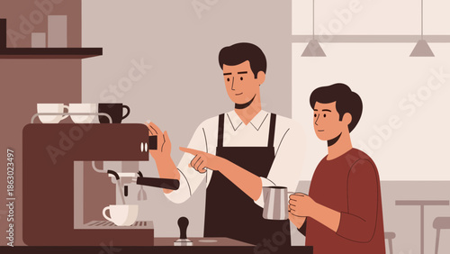 Barista expertly crafting espresso in cozy cafe with customer