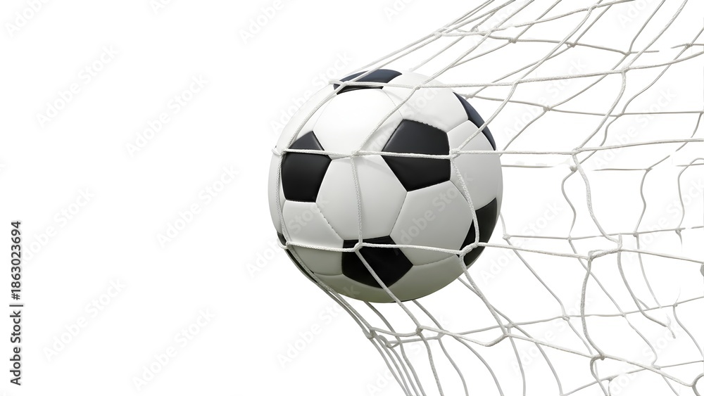 Fototapeta premium A classic black and white soccer ball is powerfully caught within the white netting of a goal, symbolizing a successful score. on transparent background