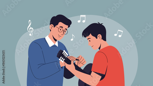 Two young men enjoying music together with claps and notes