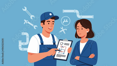 Plumber and businesswoman discussing pipeline project with clipboard