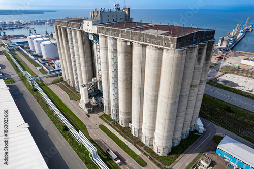 the large grain elevator in a seaport