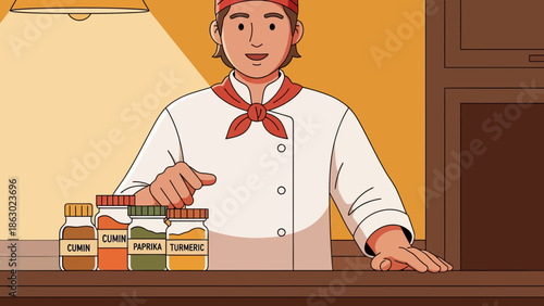 Chef selecting spice for recipe in professional kitchen setting