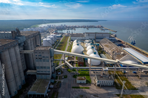 the large grain elevator in a seaport