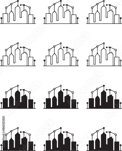 City skyline with cranes in various shades of black white