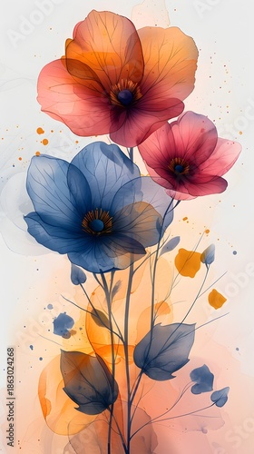 Watercolor Poppies in Blue and Coral Tones flowers Photo