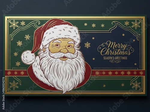 Gigapixel art of santa claus on a christmas card with gold trim and snowflakes, festive holiday greeting with Season s Greetings and Merry Christmas