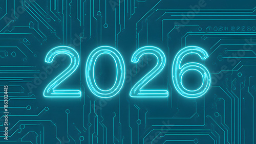 Futuristic Neon 2026 Technology Circuit: Abstract Digital Design & Electronics Innovation Background