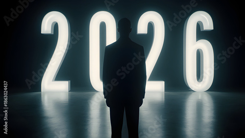 Silhouette of a Man in 2026: Futuristic Vision and Innovation with Neon Technology Background