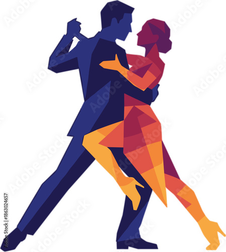 Abstract geometric couple dancing tango illustration, passionate ballroom dance pose with modern polygonal style, romantic movement on white background