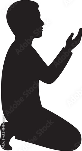 Silhouette of a Muslim boy praying dua on white background