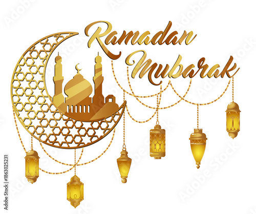 Ramadan Mubarak Islamic Greeting Illustration with Golden Crescent Moon, Mosque Silhouette and Hanging Lanterns Isolated on White Background