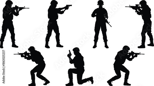 Armed soldier silhouettes set in tactical combat poses, military action figures illustration with rifles isolated on white backgroundWeb