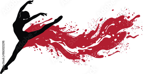 Ballet dancer silhouette leaping with red paint splash, dramatic abstract dance motion illustration expressing passion, energy, and artistic performance