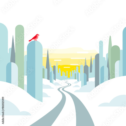 Snowy landscape with winding trail and red bird on peak  