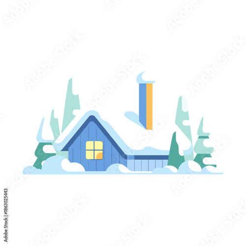 Cozy blue cabin covered in snow surrounded by pine trees  