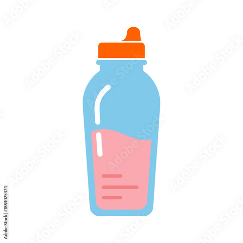 Protein shake in clear bottle with orange lid and pink beverage  
