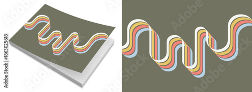 Colorful lines. Curved ribbons. Softcover book layout. Cover design template. Vector illustration for brochure, poster, flyer, album, magazine, planner, notebook or notepad.