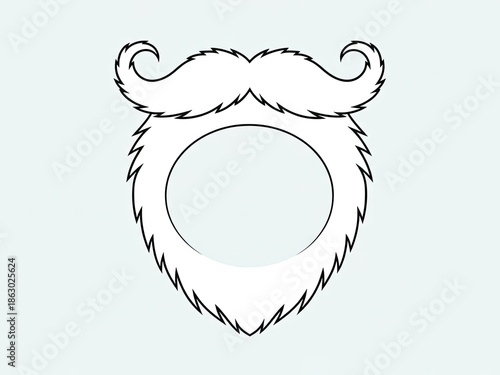 A black line drawing of a beard and mustache on a light blue background with a circular cutout in the center of the beard with illustration and icon