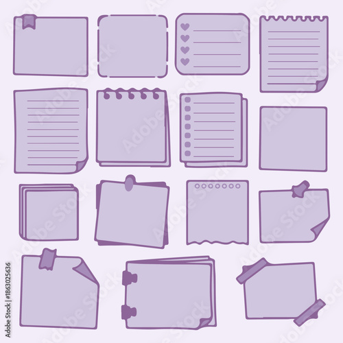 Aesthetic collection of various purple sticky notes and blank paper sheets for reminders and planning