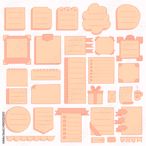 Collection of empty peach colored sticky notes, paper frames, and memo pads in various shapes