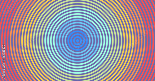 A colorful, rainbow background of many circles with a blue center. Striped pattern. Vector illustration for brochure, flyer, card, banner, diary, notebook or notepad.