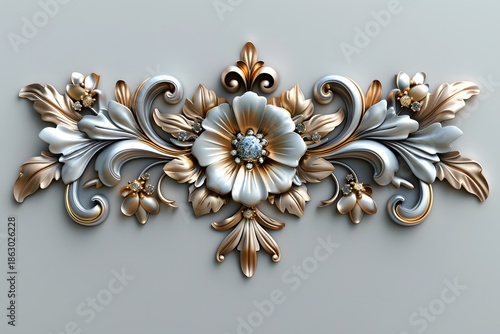 Symmetrical Gold and Silver Floral Ornament with Gem Photo