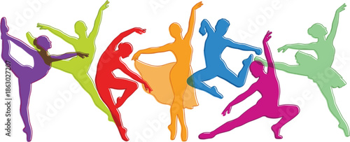 Colorful contemporary ballet dancer silhouettes in dynamic motion, abstract modern dance performance illustration on white background art fitness energy composition