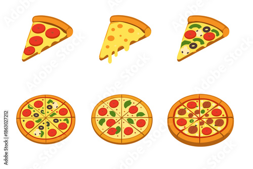 Collection of delicious pizza slices and whole pizzas with various toppings