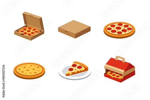 Collection of isometric pizza illustrations in various states of packaging and serving