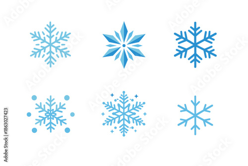 Collection of six unique blue snowflake icons on a white background