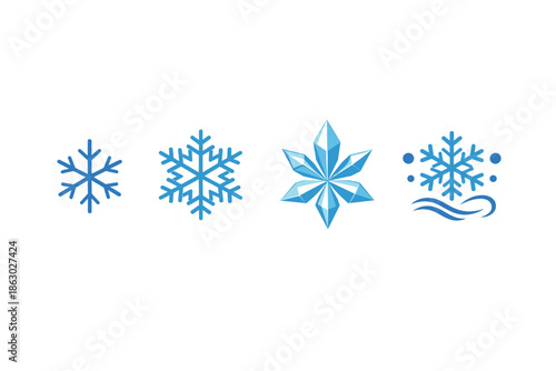 Collection of blue snowflake icons and crystal ice star representing winter and cold weather